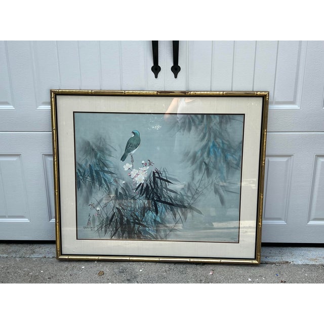 1970s Signed Painting of Bird and Foliage in Gold Bamboo Frame For Sale - Image 4 of 5