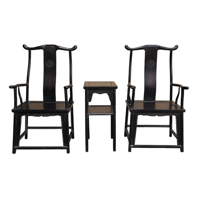 Chinese Traditional Black Brown Yoke-Back Armchair Set W Small Table For Sale