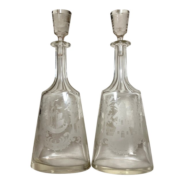 Large Antique Nautical Sailboat Cut Glass Crystal Liquor Decanter Bottles - a Pair For Sale