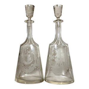 Large Antique Nautical Sailboat Cut Glass Crystal Liquor Decanter Bottles - a Pair