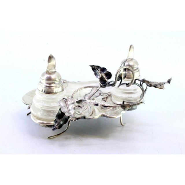 Silver and Glass Inkwell with Embossed Fish Figure and Acanthus Leaves For Sale - Image 4 of 7