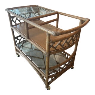 Vintage Palm Beach Tropical Rattan & Bamboo Bar Cart Barcart Glass Top For Sale