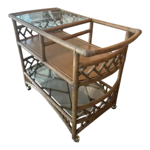 Vintage Palm Beach Tropical Rattan & Bamboo Bar Cart Barcart Glass Top