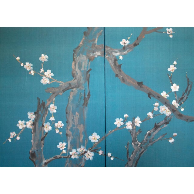 Cerulean C. 1970s Japanese Style Silk Screen "Blossoming Cherry Tree" For Sale - Image 8 of 18