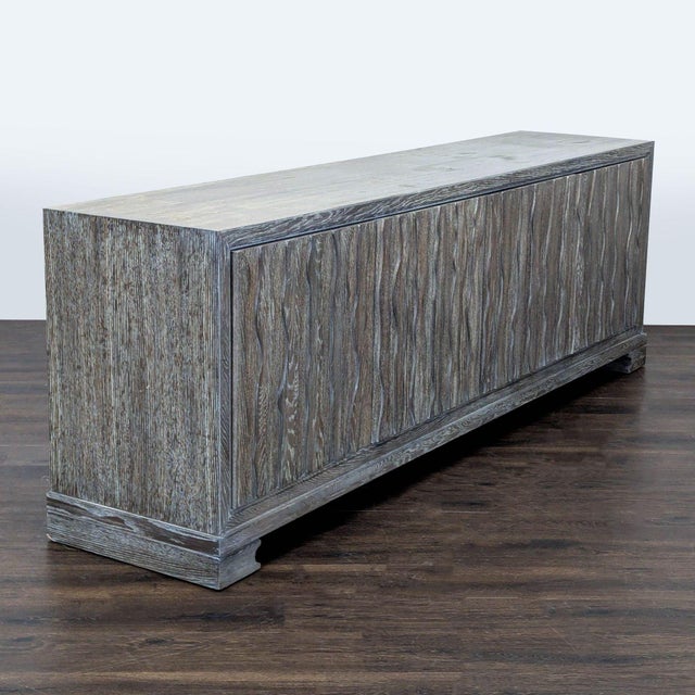 Gray washed finish with sculpted cabinet doors. Brand: Vanguard Furniture. Dimensions (in): 95W x 21D x 32H.
