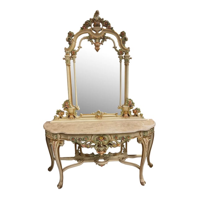 1960s Vintage Italian Baroque Style Floral Marble Top Console and Mirror Set For Sale