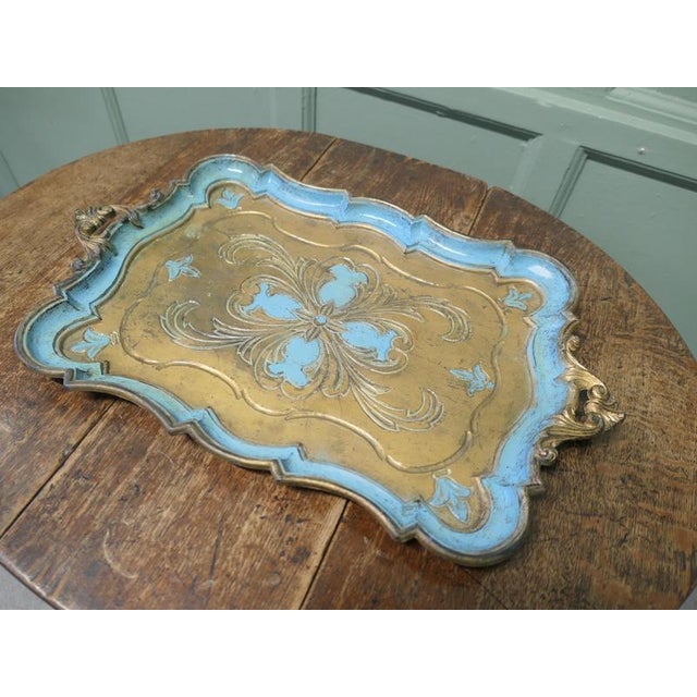 Decorative Carved Gold and Blue Painted Italian Sideboard Tray A very attractive piece decorated in shades of Gold, with a...