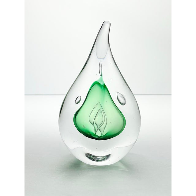 Adam Jablonski Art Glass Teardrop “Pear” Green Paperweight Sculpture 5.5” Signed Excellent condition. No chips, cracks, or...