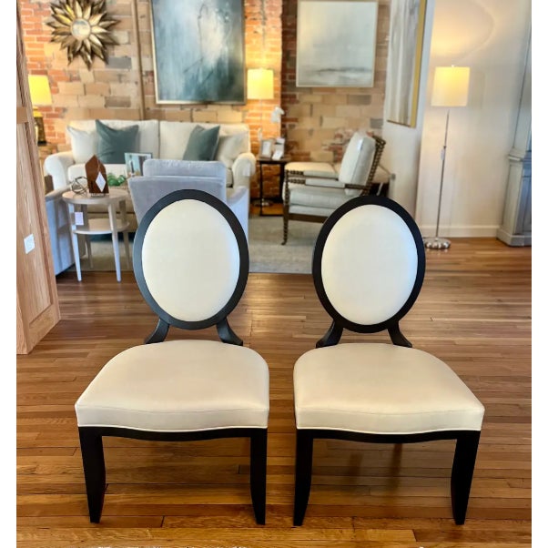 Set of 4 Barbara Barry for Baker current dining chairs featuring Barry's iconic oval x-back. Bearing the signature Barbara...