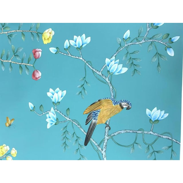 Not Yet Made - Made To Order Teal Tropical Chinoiserie Mural | Hand-Painted 9-Panel Wallpaper With Monkeys & Birds For Sale - Image 5 of 6