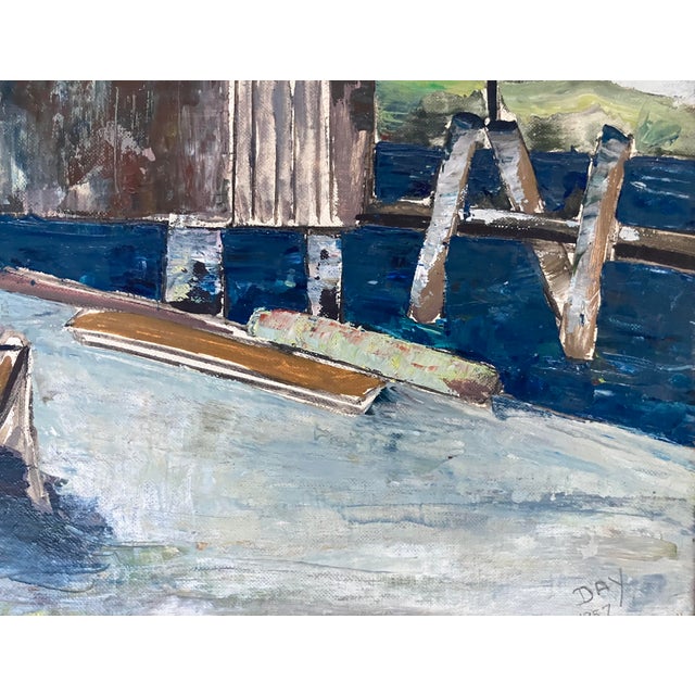 Mid Century Oil Painting Coastal Boat Yard by California Regionist Artist, Signed & Framed For Sale In Monterey, CA - Image 6 of 11