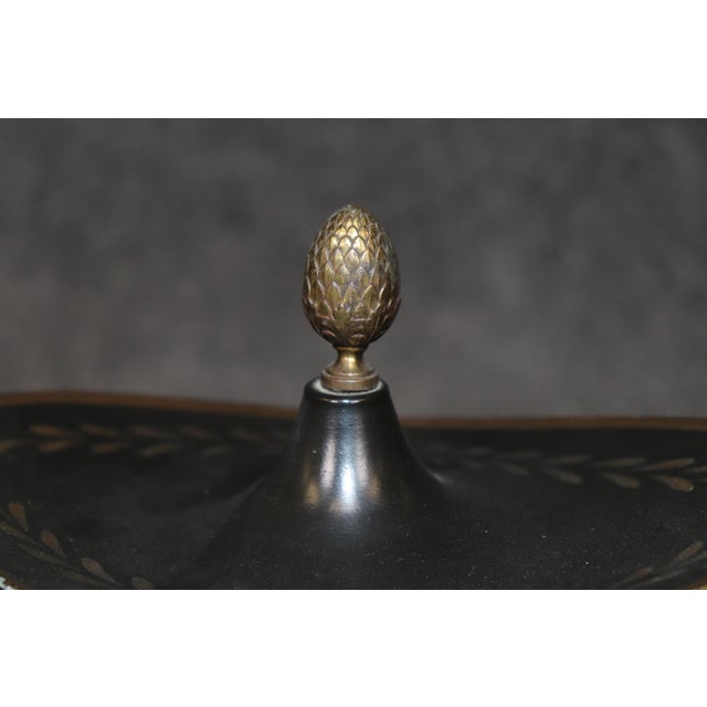 Black Pair English Style Tole Painted Metal Small Brass Mounted Urns For Sale - Image 8 of 13
