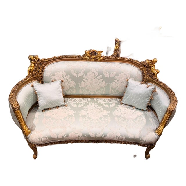 Vintage Cherub Rococo Settee upholstery Aqua Blue Damask Canapa For Sale