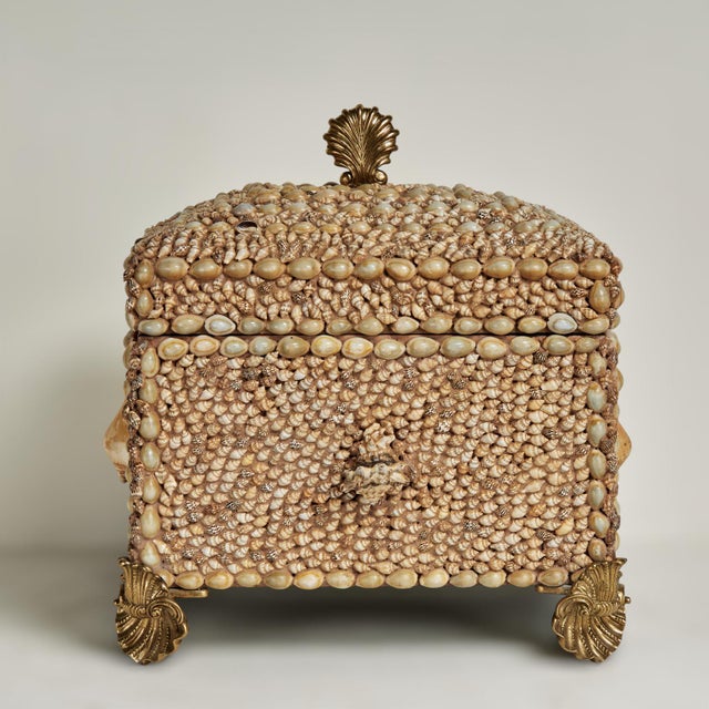 Charming vintage lidded box crafted in mahogany ambitiously hand decorated with seashells highlighted with a brass shell...