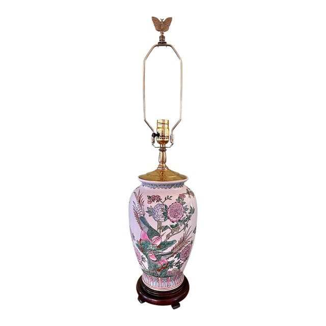 Late 20th Century Chinoiserie Porcelain Pheasant and Peony Lamp on Ming Base For Sale
