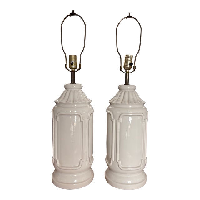 Mid 20th Century Asian Style Chinoiserie Blanc De Chine Pagoda Lamps - a Pair For Sale