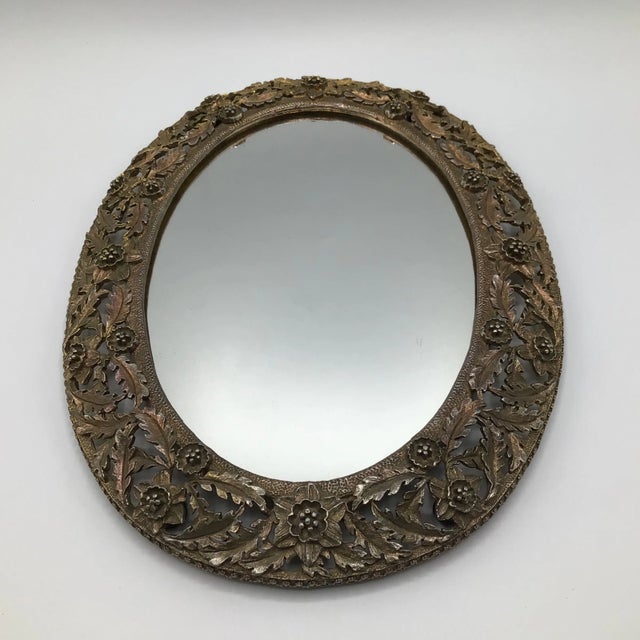 French Art Nouveau Gold Gilt Brass Oval Dresser/Vanity Mirror With Floral Design For Sale - Image 9 of 12