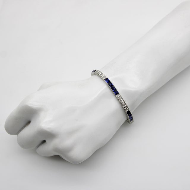 Art Deco Diamond and Sapphire Platinum Line Bracelet For Sale - Image 9 of 10