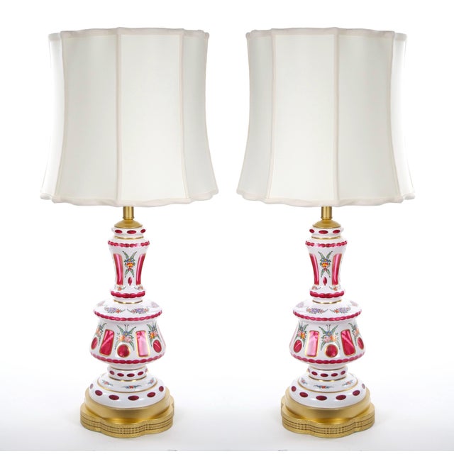 Antique Bohemian Cranberry Crystal, Painted and Gilt Gold Decorated Table Lamp For Sale - Image 12 of 12