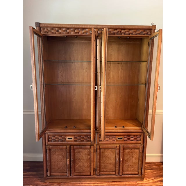 Dixie 1980’s Rattan Wrapped Faux Bamboo Lighted China Cabinet For Sale - Image 4 of 11