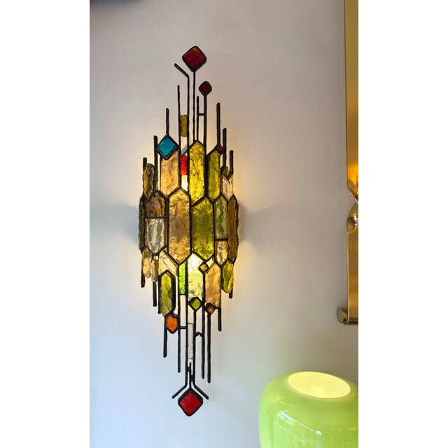 Longobard Large Pair of Hammered Glass Wrought Iron Sconces by Longobard, Italy. 1970s For Sale - Image 4 of 15