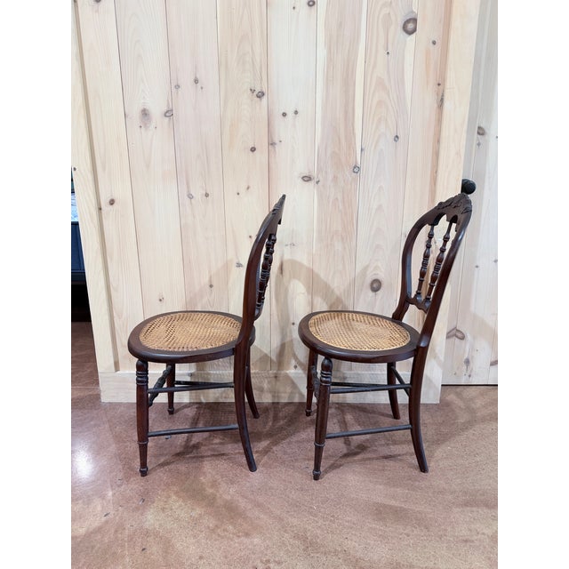 Victorian Vintage Victorian Mahogany Balloon Back Cane Side Chairs, Pair For Sale - Image 3 of 7