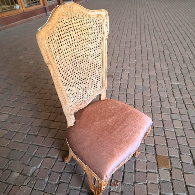 Rose Pair French Louis XV Rosé Silk Velvet Woven Cane Back Accent Chairs For Sale - Image 8 of 11
