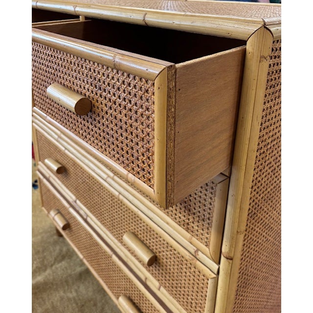 Mid Century Caned Bamboo Wood Dresser, Chest of Drawers For Sale - Image 4 of 7