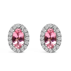 10K White Gold 5x3 MM Oval Pink Tourmaline and Diamond Halo Stud Earrings (I-J Color, I1-I2 Clarity)