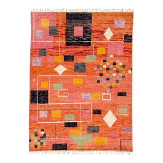 Modern Moroccan Style Handmade Geometric Designed Orange Boho Wool Rug For Sale