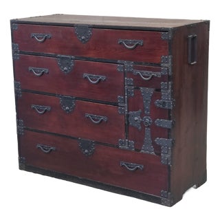 Antique Early 1900s Meiji Period Japanese Pine/Elm Tansu Chest With Iron Hardware For Sale