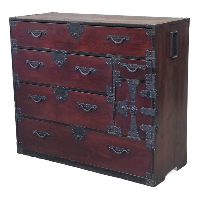 Antique Early 1900s Meiji Period Japanese Pine/Elm Tansu Chest With Iron Hardware For Sale