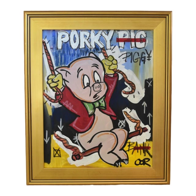 Porky Pig Piggy Fun Cartoon Illustration Oil Painting Including the Antiqued Gold Wood Frame For Sale