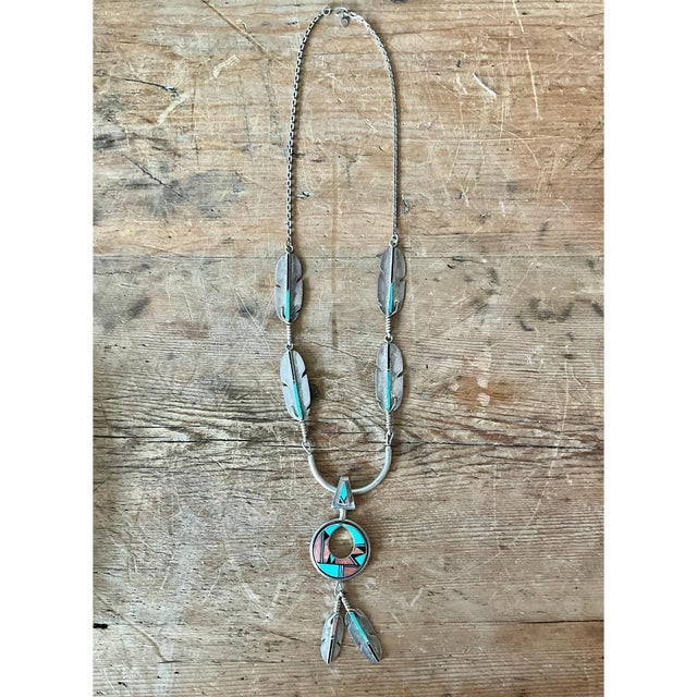 Mid 20th Century Vintage Turquoise Native American 925 Silver Pendant Necklace For Sale - Image 5 of 11