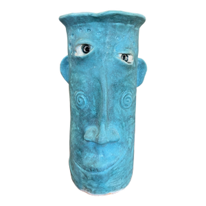 1970s Handmade Studio Pottery Blue Face Vase by Muddy River Clay