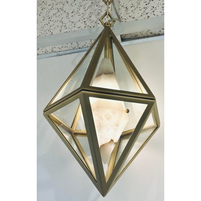 Baker Furniture Company Baltic Modern Alabaster and Satin Brass Geometric Lens Pendant Light For Sale - Image 4 of 5