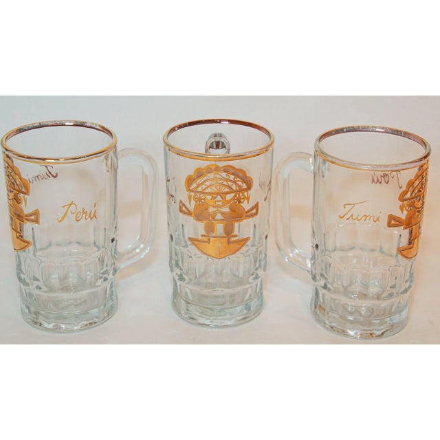 Glass Vintage Artesania Tabuisa Mugs Set of 3 With Tumi Peruvian God Design For Sale - Image 7 of 13