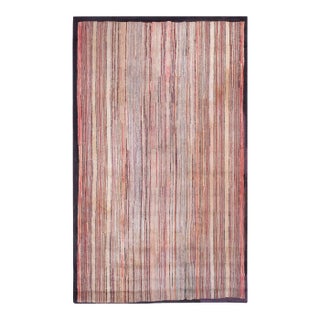1890s Multicolor Stripe Minimalist Antique American Hooked Rug 4'6" X 7'4" Handknotted Wool Carpet For Sale