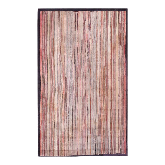 1890s Multicolor Stripe Minimalist Antique American Hooked Rug 4'6" X 7'4" Handknotted Wool Carpet For Sale