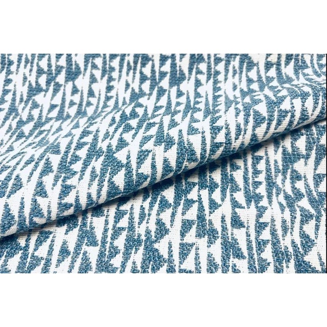 Abstract Water & Stain Resistant Small Scale French Blue Off White MCM Abstract Geometric Upholstery Fabric For Sale - Image 3 of 3