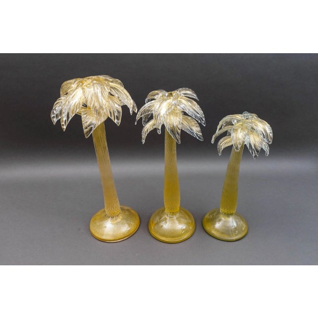Mid 20th Century Signed Murano Italy Gold Fleck Glass Palm Tree Candlestick Candleholders- Set of 3 For Sale In Miami - Image 6 of 9