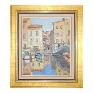 Bright Impressionist Oil Painting of French Town Signed A. Roubaud Gilded Frame