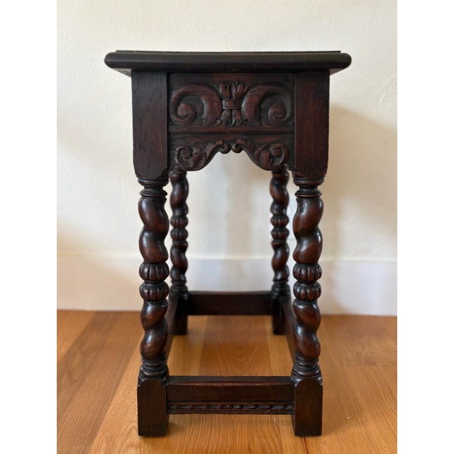 1900s Antique Belgium Oak With Barley Twist Legs and Hand Carved Apron Side Table For Sale - Image 4 of 10