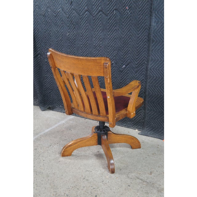 Antique Edwardian Quartersawn Oak Bankers Lawyers Desk Chair Leather Seat Swivel For Sale - Image 12 of 15