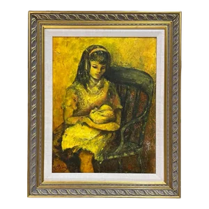 1960s Oil Painting Young Mother and Child Signed Art