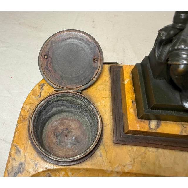 Antique French Solid Siena Marble Bronze Lorenzo De Medicis Statue Desk Inkwell For Sale - Image 16 of 18