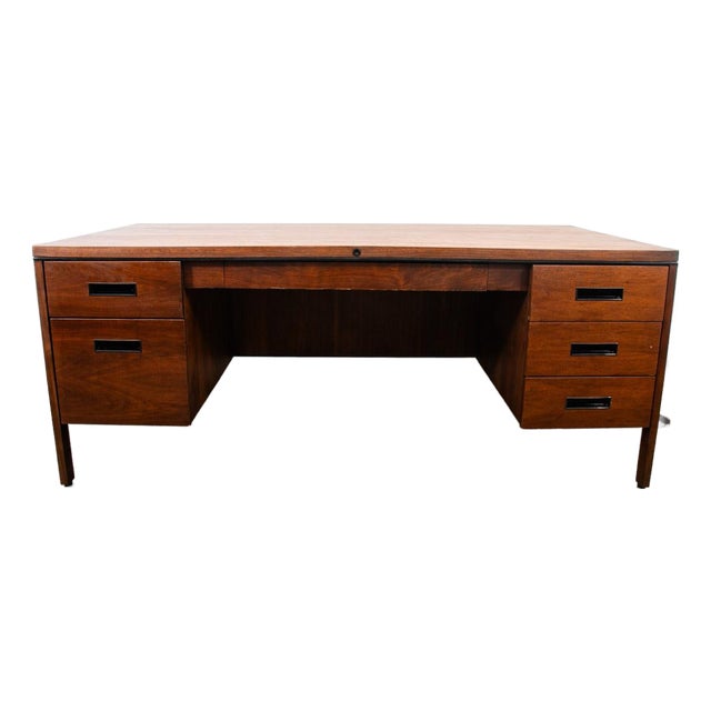 1960s Mid Century Modern Desk Executive 6 Drawer Walnut Solid Steelcase Wood Floating For Sale