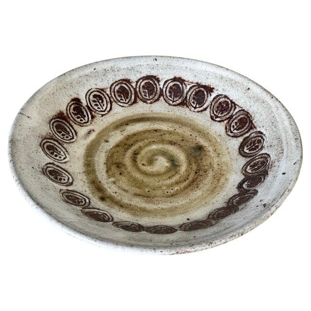 French ceramic decorative dish (c. 1960s) by Albert Thiry. Boat-shaped ceramic dish with milky-white glazed exterior....