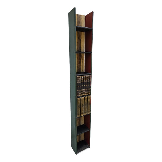 Green Folk Art Bookcase or Etagere With Faux Book Front Cabinets For Sale