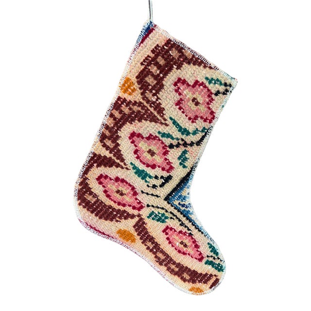 Vintage Turkish Hand-Knotted Wool Rug Christmas Stocking, Bohemian Burgundy Pink For Sale